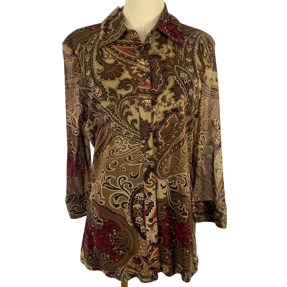 Vintage Y2K Large Brown Paisley Mesh Button Up Blouse Boho Workwear INC
